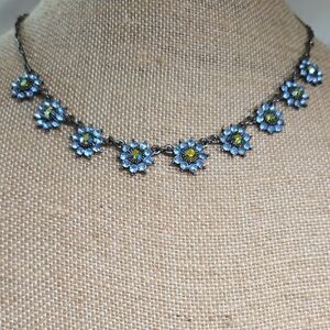 Vintage Avon Blue Rhinestone Daisy On Gun Metal Chain Necklace